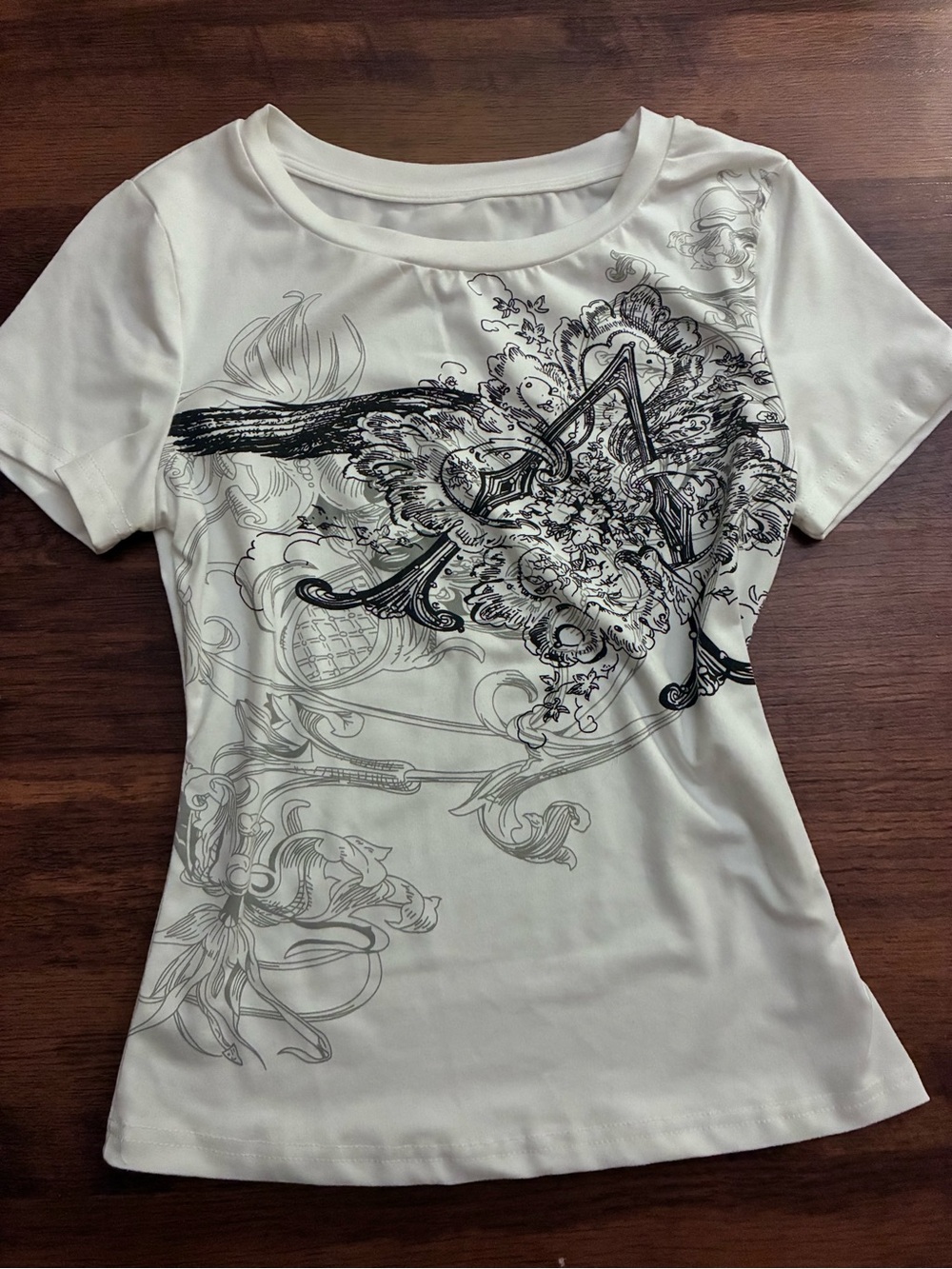 SHEIN White Short-Sleeve Tee with Black Ornamental Graphic
